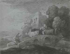 Waldlandschaft mit Viehtreiber, der Rinder über eine Brücke treibt, rustikale Liebhaber und Ruine eines Schlosses